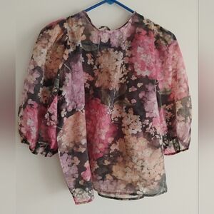 H&M Floral Black Cream Pink Chiffon Puff Sleeve Tie Top Blouse LARGE NEW TAGS